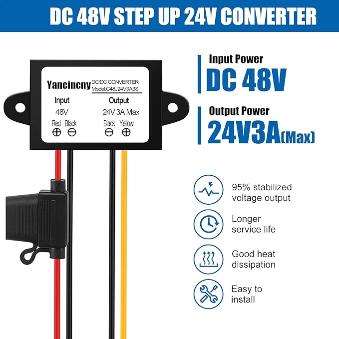 Yancincny 3A 72W 24V DC 48V Step Down to 24V Buck Transformer, 48V to 24-V - Image 2