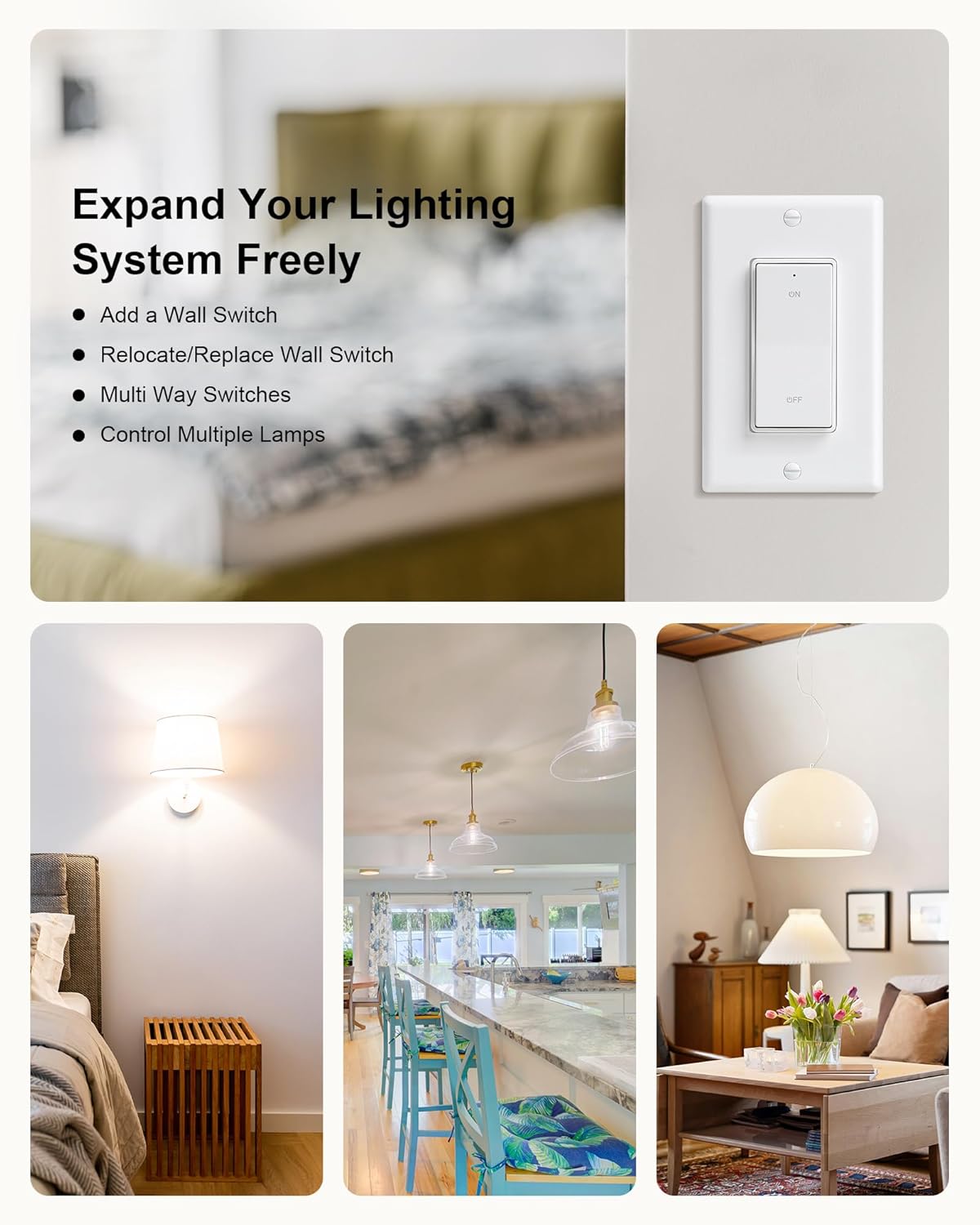 Wireless Light Switch and Receiver Kit, Decorator Rocker Switch | 200FT Long Range, 10A/1200W, No Rewiring, Wireless Wall Switch for Ceiling Light, Fans, Lamps, Programmable & Expandable