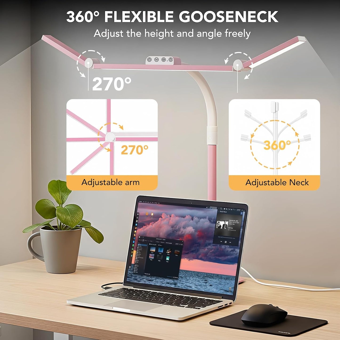 LED Desk Lamp for Home Office with Base, 28.2" Adjustable Gooseneck Swing Arm Bright Desk Light, Dimmable Architect Table Lamp for Desktop Computer Light, Reading, Study, Workbench（Pink）