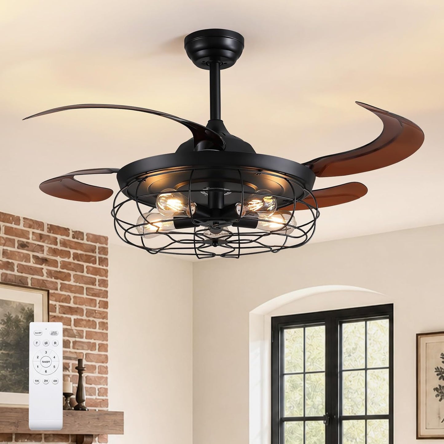48" Rustic Ceiling Fan with Lights and Remote, Industrial Fandelier Ceiling Fan Black Retractable Invisible Ceiling Fan for Farmhouse Living Room Dining Room Bedroom Kitchen Garage