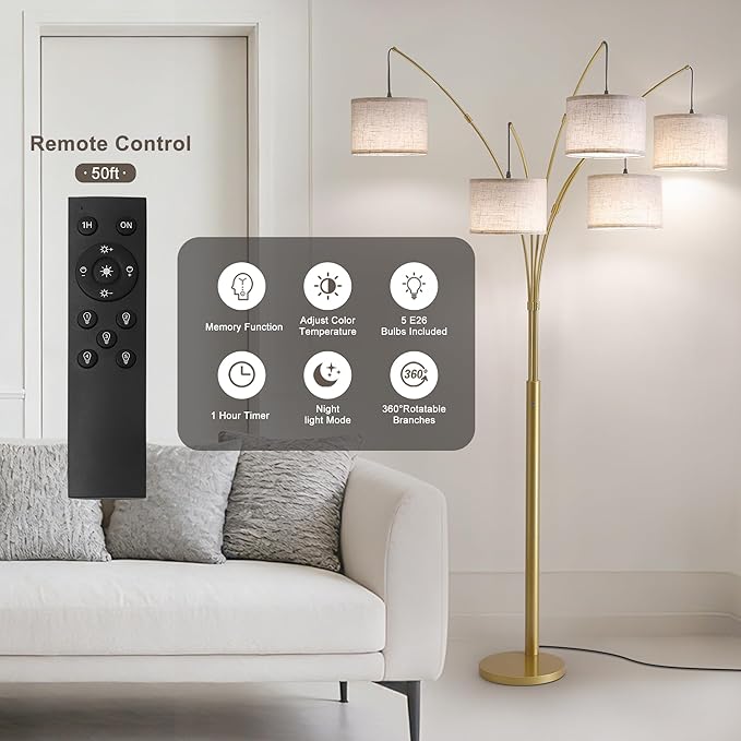 Fansdrick Gold Floor Lamps for Living Room, 4000LM Super Bright Arc Floor Lamp - Image 3