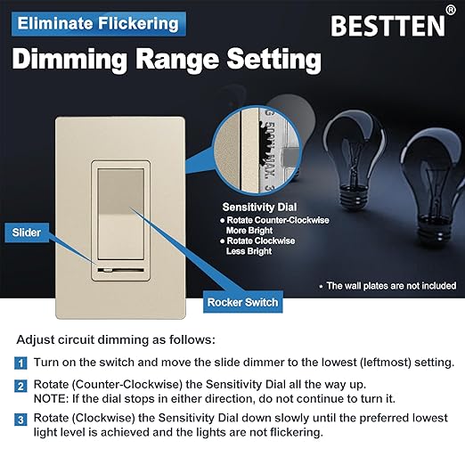 BESTTEN 10 Pack Matte Champagne Gold Dimmer Light Switch, Single Pole or 3-Way - Image 4