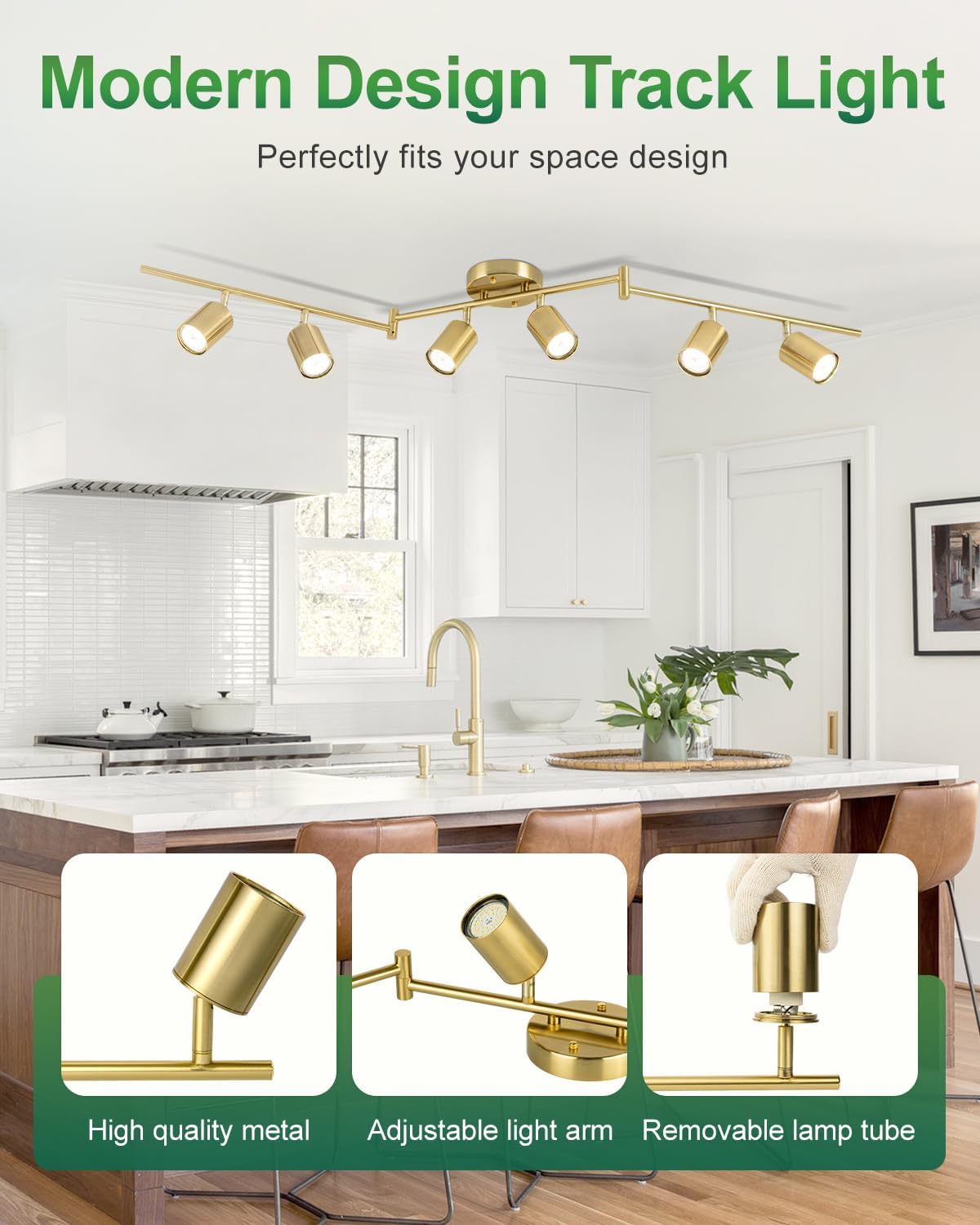 6 Ways Gold Track Lighting Fixtures Ceiling Gu10 Bulbs Not Included | Modern LED Track Light Brushed Gold, Rotatable Heads Foldable Arms, Metal Ceiling Spotlight for Kitchen, Living Room, Hallway
