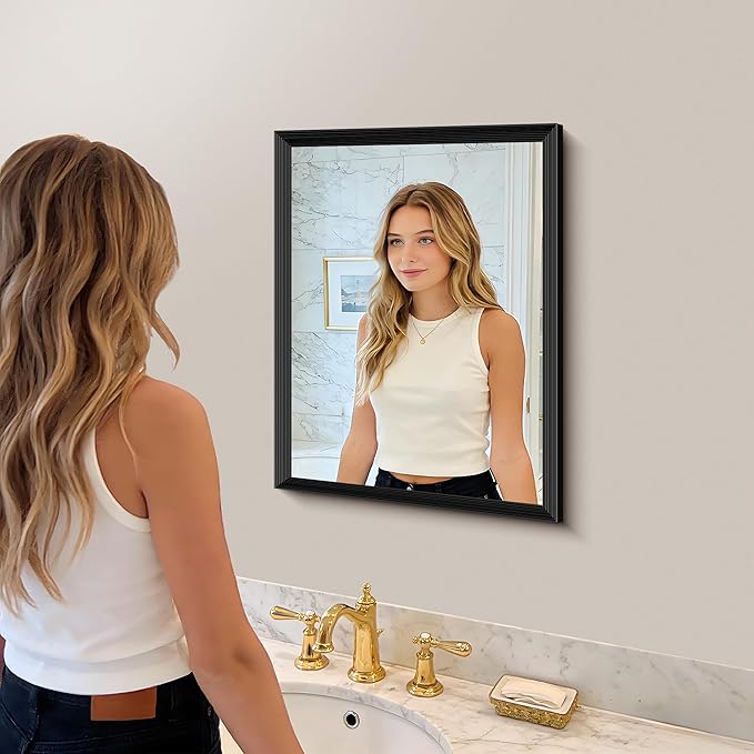 Black Bathroom Mirror 18 x 24 Inch Rectangle Wave Beveled - Image 6