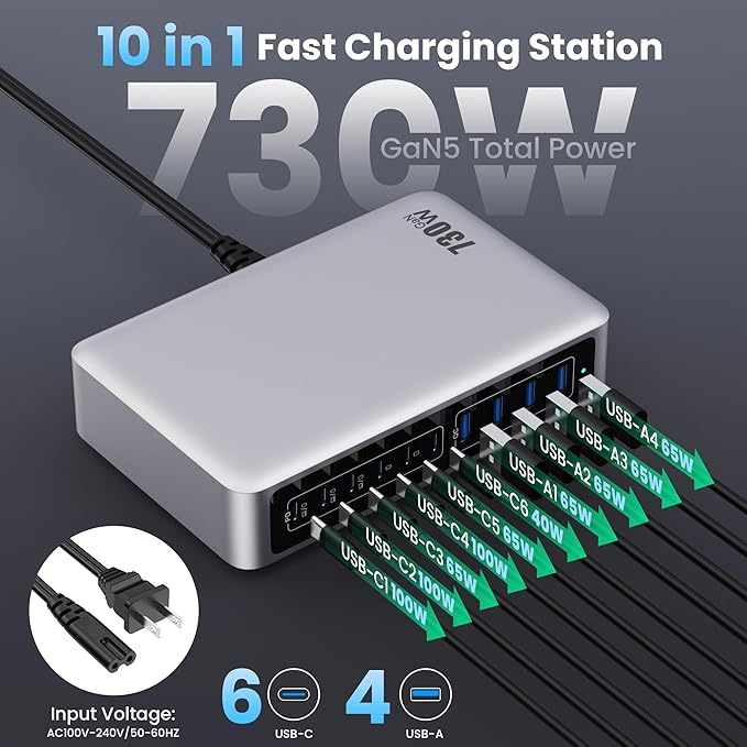 730W USB C Charger Block, GaN IV Fast Charging Station Hub 10 Ports, QC4.0+3 PD - Image 2