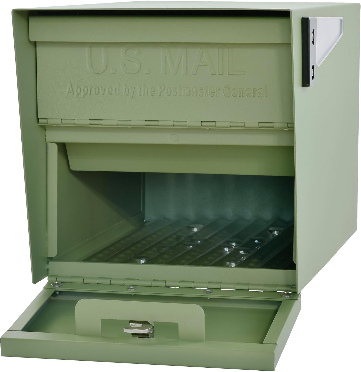 Mail Boss Mail Manager Mid Century Modern Locking Post Mount Mailbox | Patented anti-pry lock, accepts small packages, USPS approved, vandal-resistant galvanized steel curbside design.