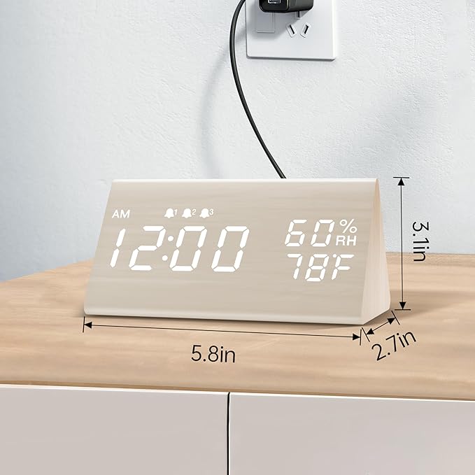 Digital Alarm Clock, with Wooden Electronic LED Time Display, 3 Alarm Settings - Image 8