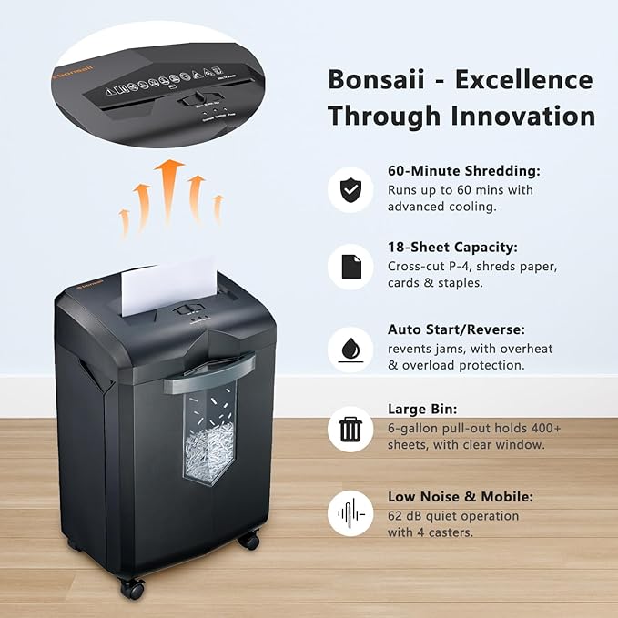 Bonsaii Heavy Duty 18-Sheet Office Shredder – 60-min Continuous Run, Cross-Cut - Image 6