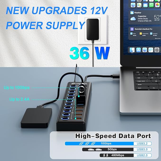 Powered USB Hub, MENKSID 11-Port USB Hub, 7 USB 3.2 Data Transfer Ports + 4 - Image 3