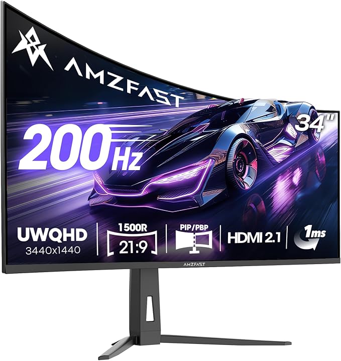 Amzfast 34 Inch 200Hz UltraWide Curved WQHD 3440x1440 Gaming Monitor, 1ms by Amzfast
