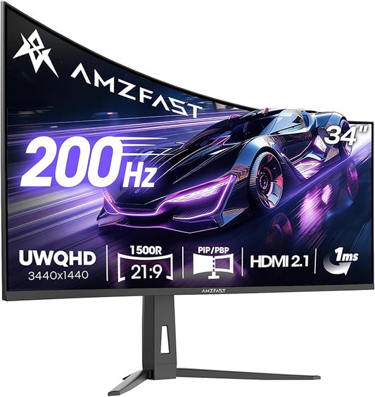 Amzfast 34 Inch 200Hz UltraWide Curved WQHD 3440x1440 Gaming Monitor, 1ms by Amzfast