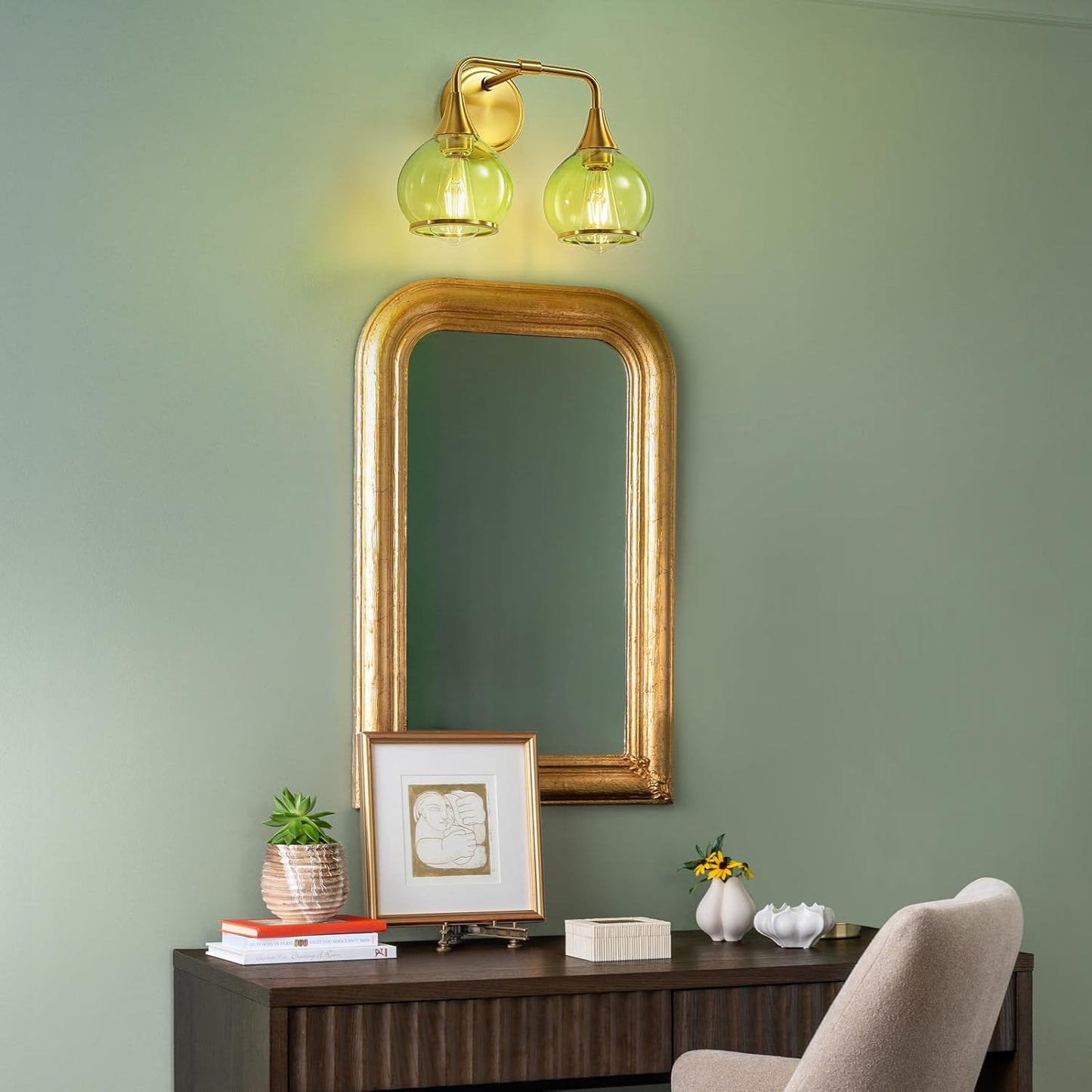 Brushed Gold Bathroom Vanity Light 2-Lights Bathroom Light Fixtures Over Mirror with Green Clear Glass Shade 14 inch Wall Sconce Lighting Bath(Exclude E26 Bulb)