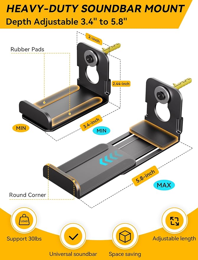 MUAKIOY SoundBar Wall Mounts, Universal Sound Bar Brackets Under TV, Depth - Image 2