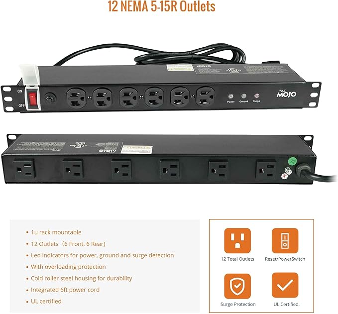 Tecmojo 1U Rackmount Network-Grade PDU Surge Protector Power Strip, 12 Outlets - Image 6