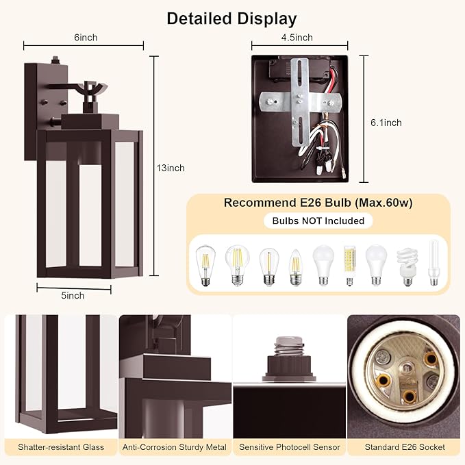 LTBLIGHT 2-Pack Dusk to Dawn Porch Light, Farmhouse Brown Outdoor Lights Wall - Image 5