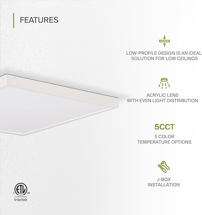 ASD LED 12" Square Flush Mount Ceiling Light Fixture, Low Profile Surface - Image 3