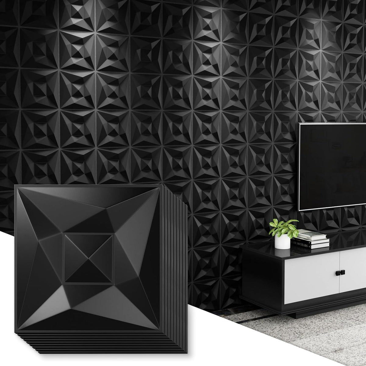 Greymond Black PVC 3D Wall Panels, 33 Pack 11.8''x11.8''Geometric Design