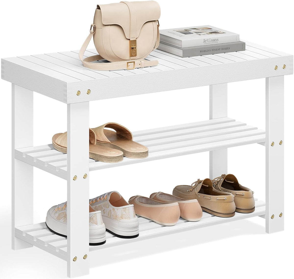 songmics shoe rack bench, 3-tier bamboo entryway bench, main product view