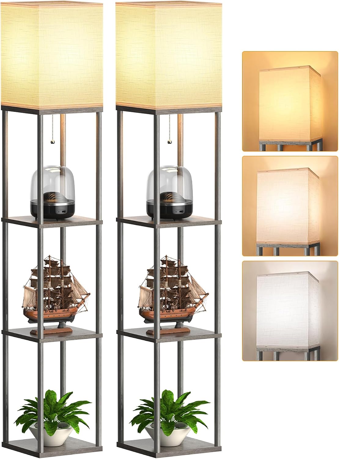 Floor Lamp with Shelves for Living Room 2 Pack Oak Gray, Shelf Floor Lamp with 3 CCT LED Bulb, Corner Display Standing Column Lamp Etagere Organizer Tower Nightstand with White Linen Shade for Bedroom