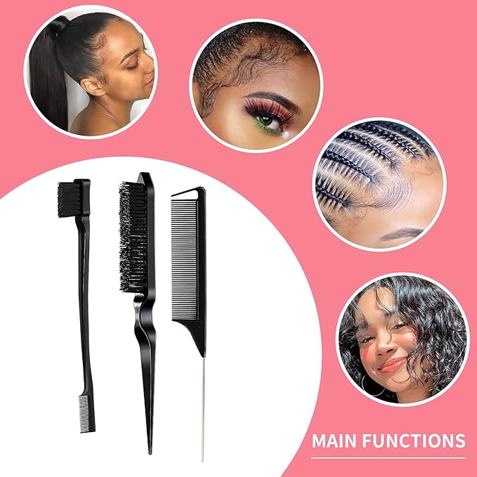 3 Pieces Hair Styling Comb Set Teasing Brush Rat Tail Comb Edge Brush - Image 9