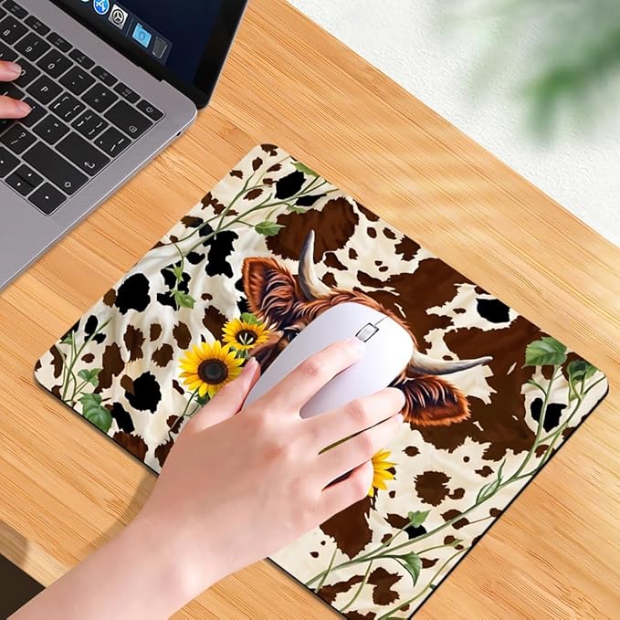 Western Highland Cow Sunflowers and Cowhide Brown Square Mouse pad, Waterproof - Image 7