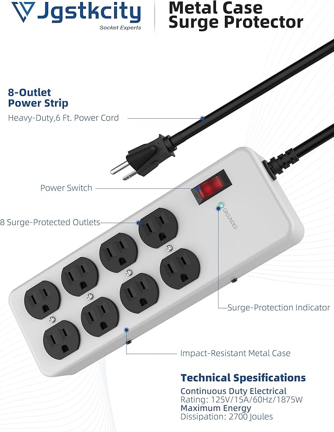 Heavy Duty Power Strip, Industrial Heavy Metal Case Surge Protector, 8 AC - Image 4