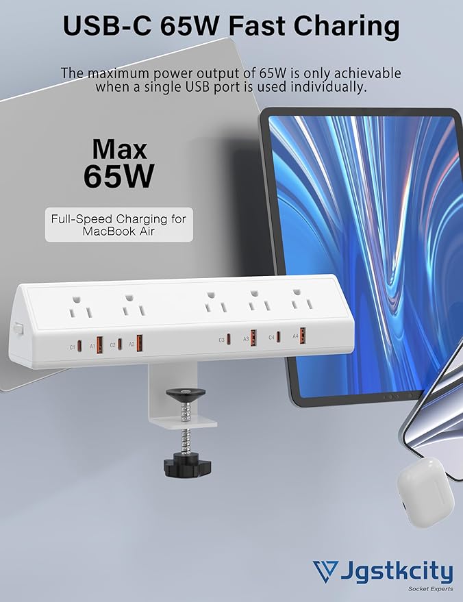 Desk Clamp Power Strip 65W Fast Charging Station, 4 PD USB-C, 5 Outlets - Image 2