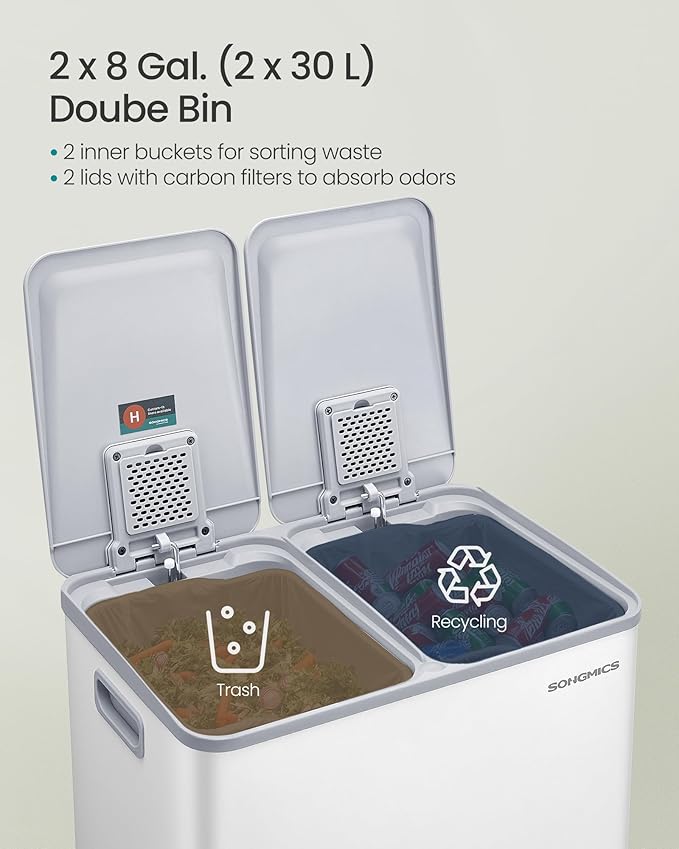 SONGMICS Trash Can, 2 x 8 Gallon Dual-Compartment Garbage Can - Image 3