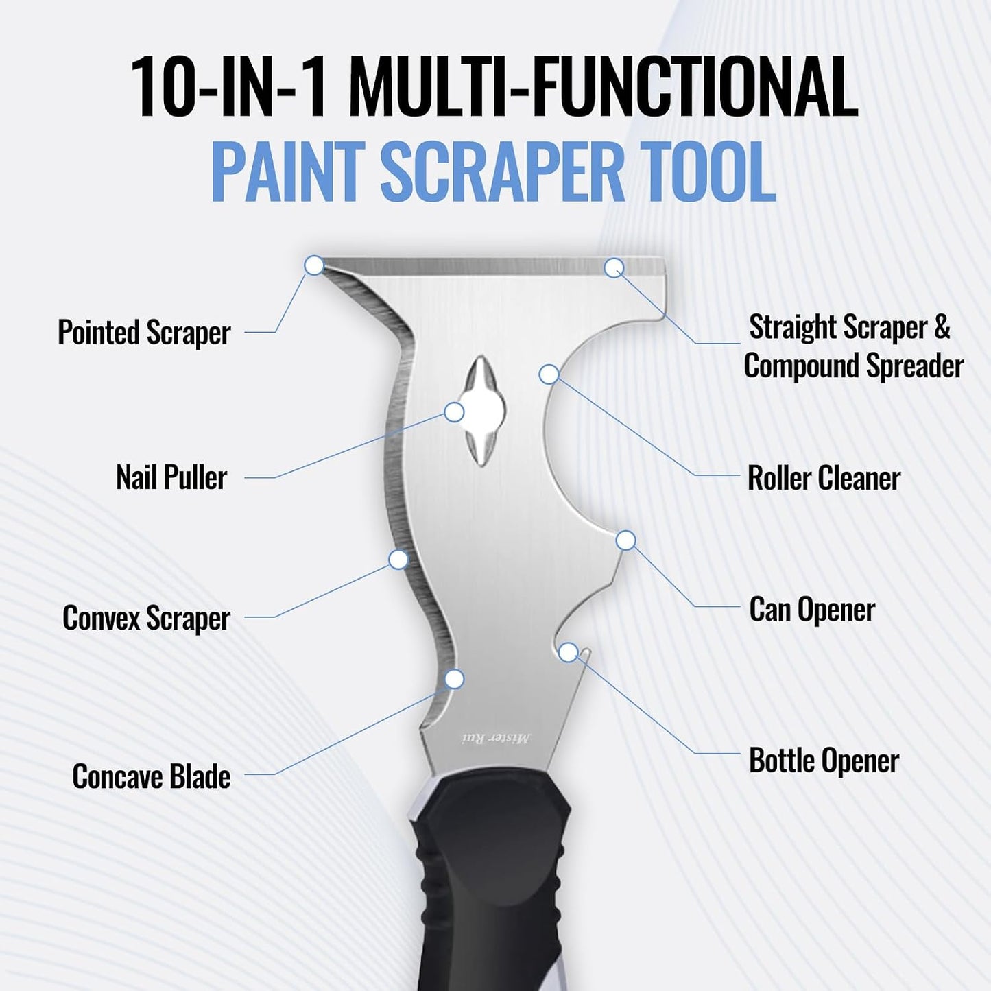 Mister Rui 10-in-1 Putty Knife, MultiUse Paint Scraper Tool, Hammer End | Versatile putty knife and scraper tool for paint removal, floor scraping. Multi-use tool for cleaning and repairing