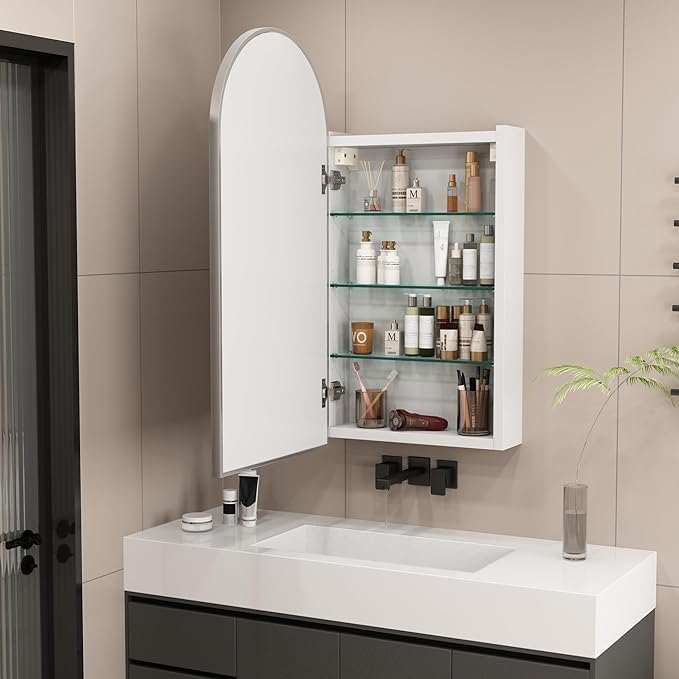 Silver Medicine Cabinet with Arched Mirror, Left or Right Opening, Mirrored - Image 7