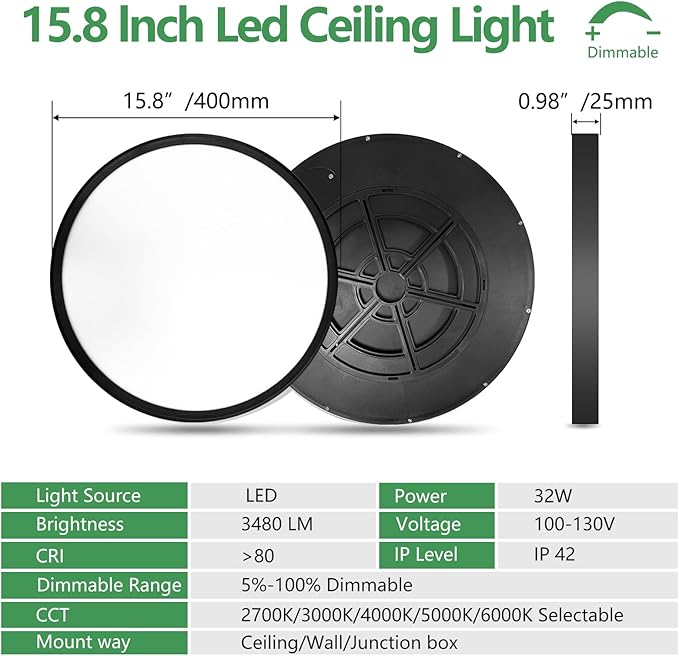15.8 Inch Dimmable LED Flush Mount Ceiling Light, 3000K/3700K/4000K/5000K/6000K - Image 4