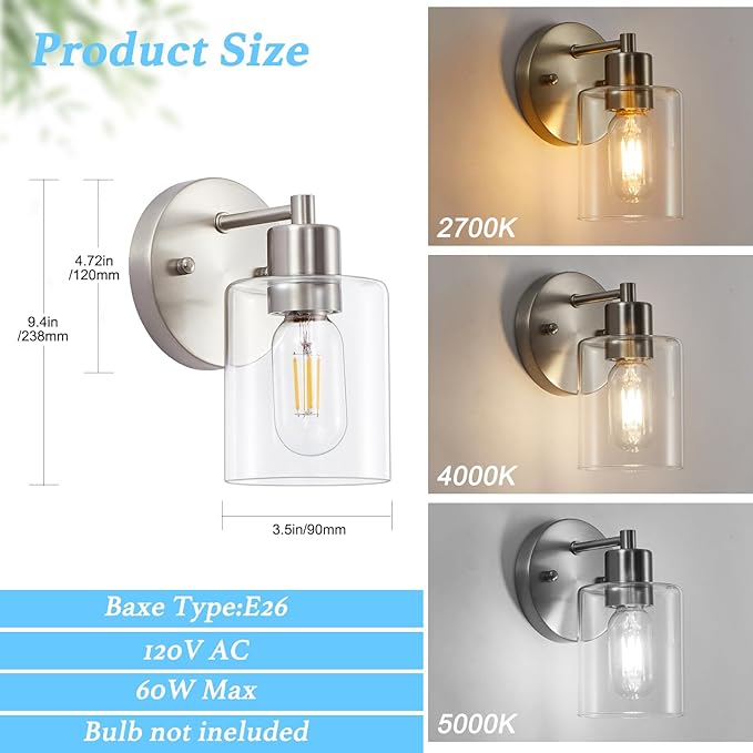 1-Light Bathroom Wall Sconce, Brushed Nickel Vanity Light, Modern Wall Light - Image 3