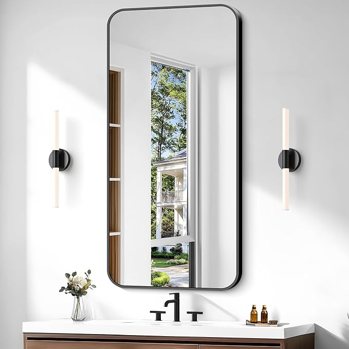 Bathroom Mirror, 48 x 24 inch Black Rectangle Wall Mirror, Metal Framed by WelcometoCIVENO