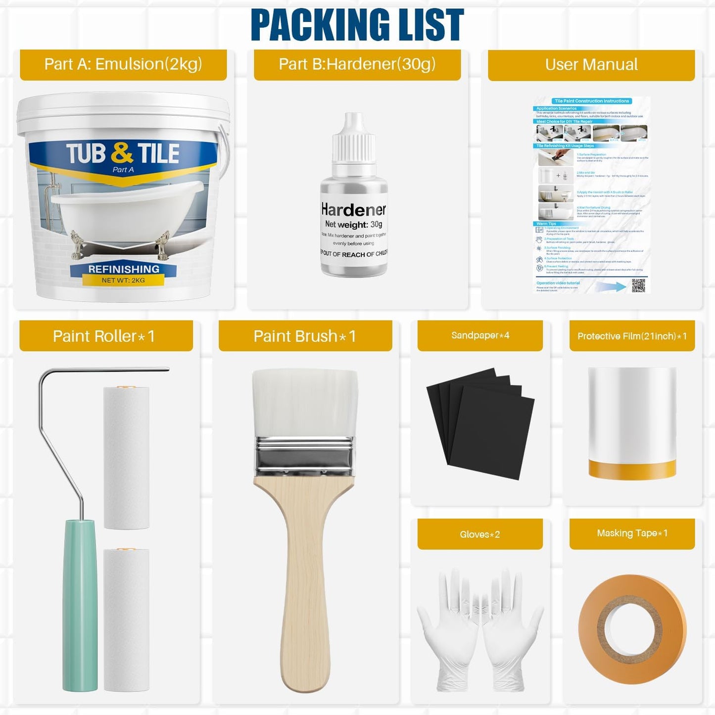 Tub and Tile Refinishing Kit, 66oz White Quick-Dry Tile Paint for Wall & Floor, Sink Bathtub and Toilets Paint for Bathroom, Kitchen, Toilets, Water Based