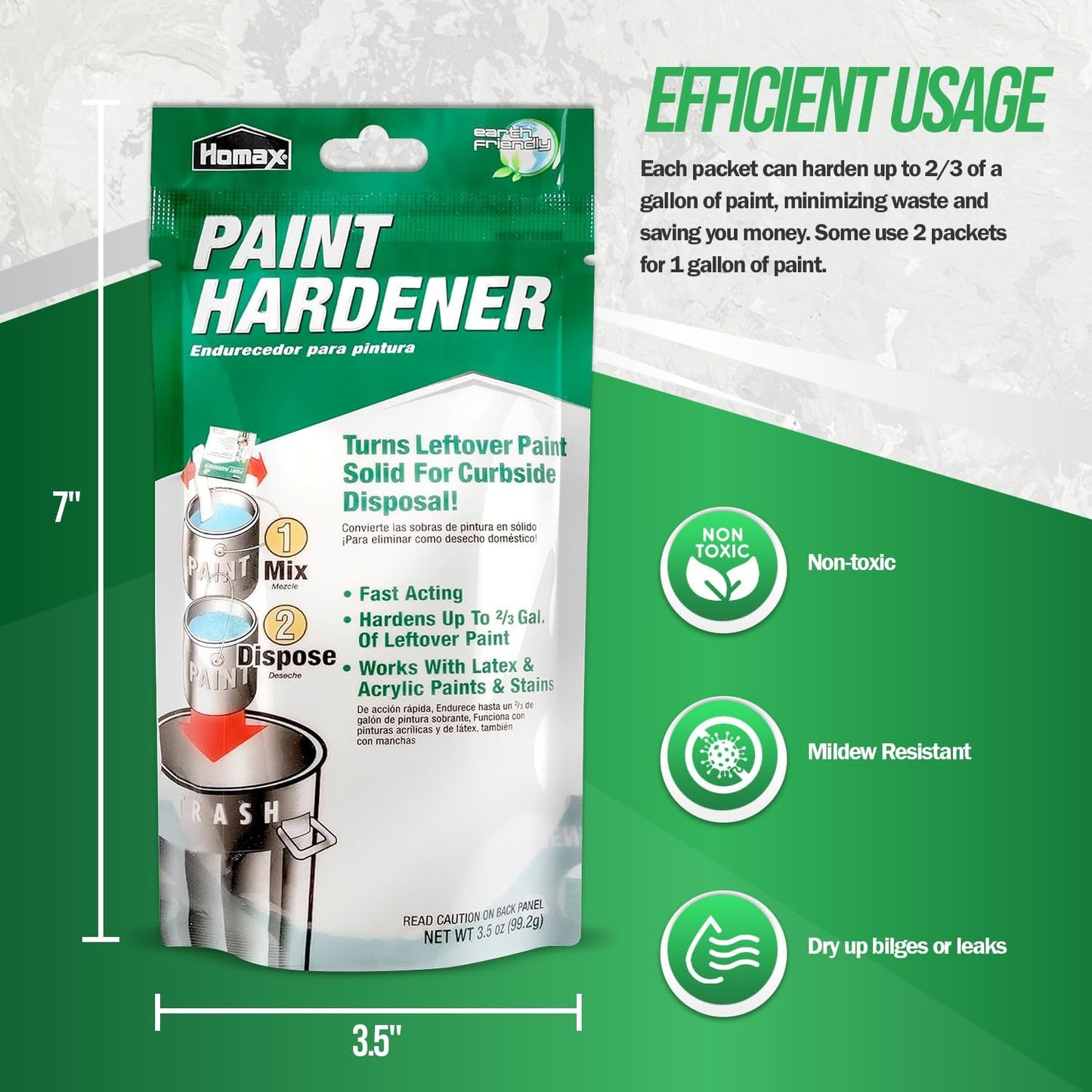 HOMESPHERE Homax Paint hardener for Disposal, Paint Drying Powder, 12 Packs | 3.5oz Packets- Fast Acting Solidifier - for Acrylic & Latex Paint with 25 Pcs. of 14 Inch Wooden Stir Sticks