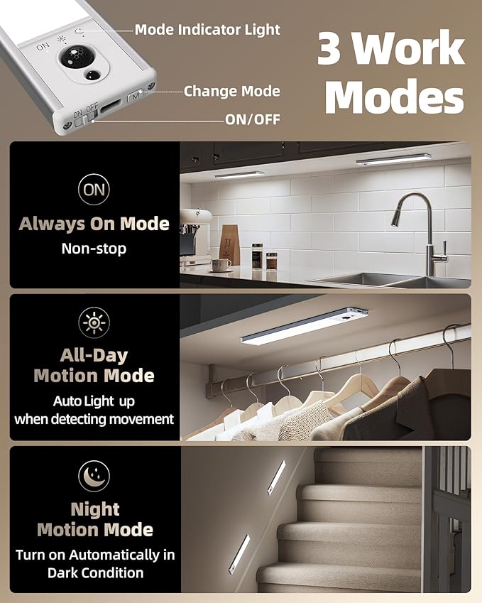 EZVALO 3 Pack Under Cabinet Lighting, Rechargeable Motion Sensor Light - Image 7