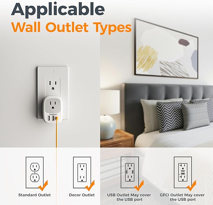 Wall Charger Block, 3 USB Charging Ports and 1 AC Outlet Splitter, TESSAN 1875W - Image 5