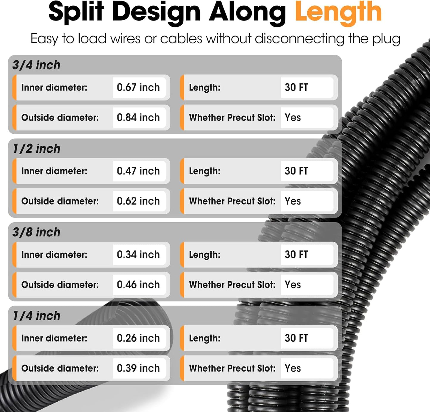 Wire Loom 1/4", 3/8", 1/2", 3/4 Inch x 30 FT, Split Wire Loom Tubing Wire Conduit, Cable Sleeves Bulk Flexible Electrical Conduit Protective kit, Black