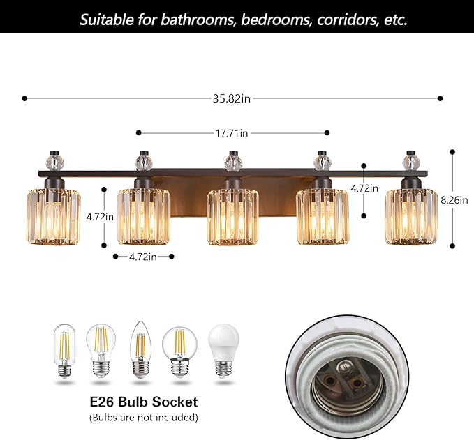 FDPBY Bathroom Vanity Lights 5-Light Sand Black Modern Crystal Vanity Light - Image 5