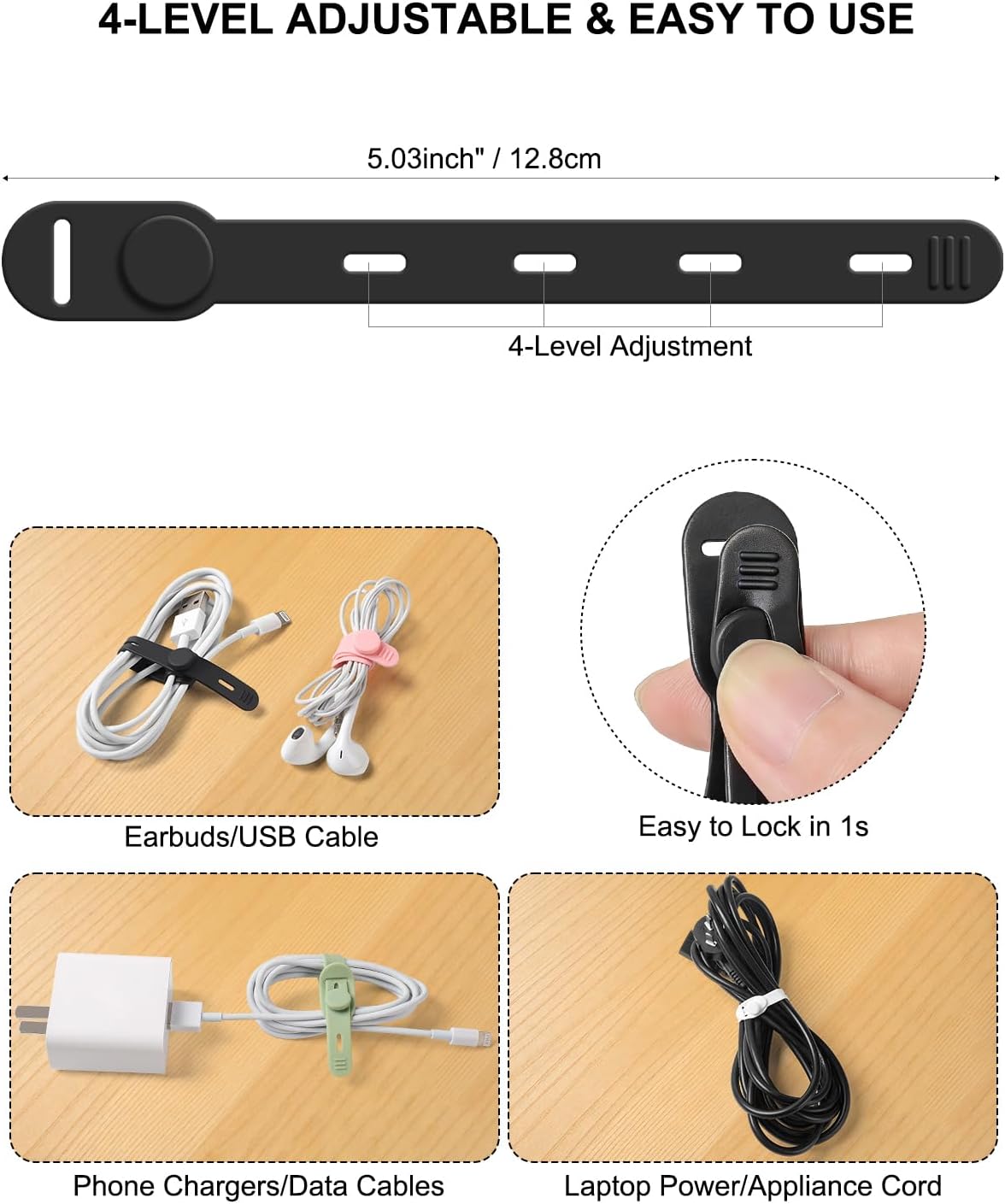 OneLeaf Reusable Silicone Cable Ties, Soft Cord Bundlers for USB Chargers, Kitchen Appliance, Adjustable Wire Management Straps with Secure Buckle, Travel Tech & Cruise Essentials Keepers, Multicolor