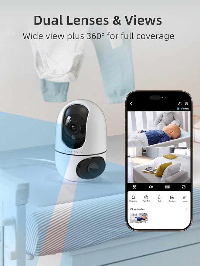 virtavo Indoor Security Camera, Dual-Lens 360° PTZ WiFi Baby Pet Monitor - Image 2