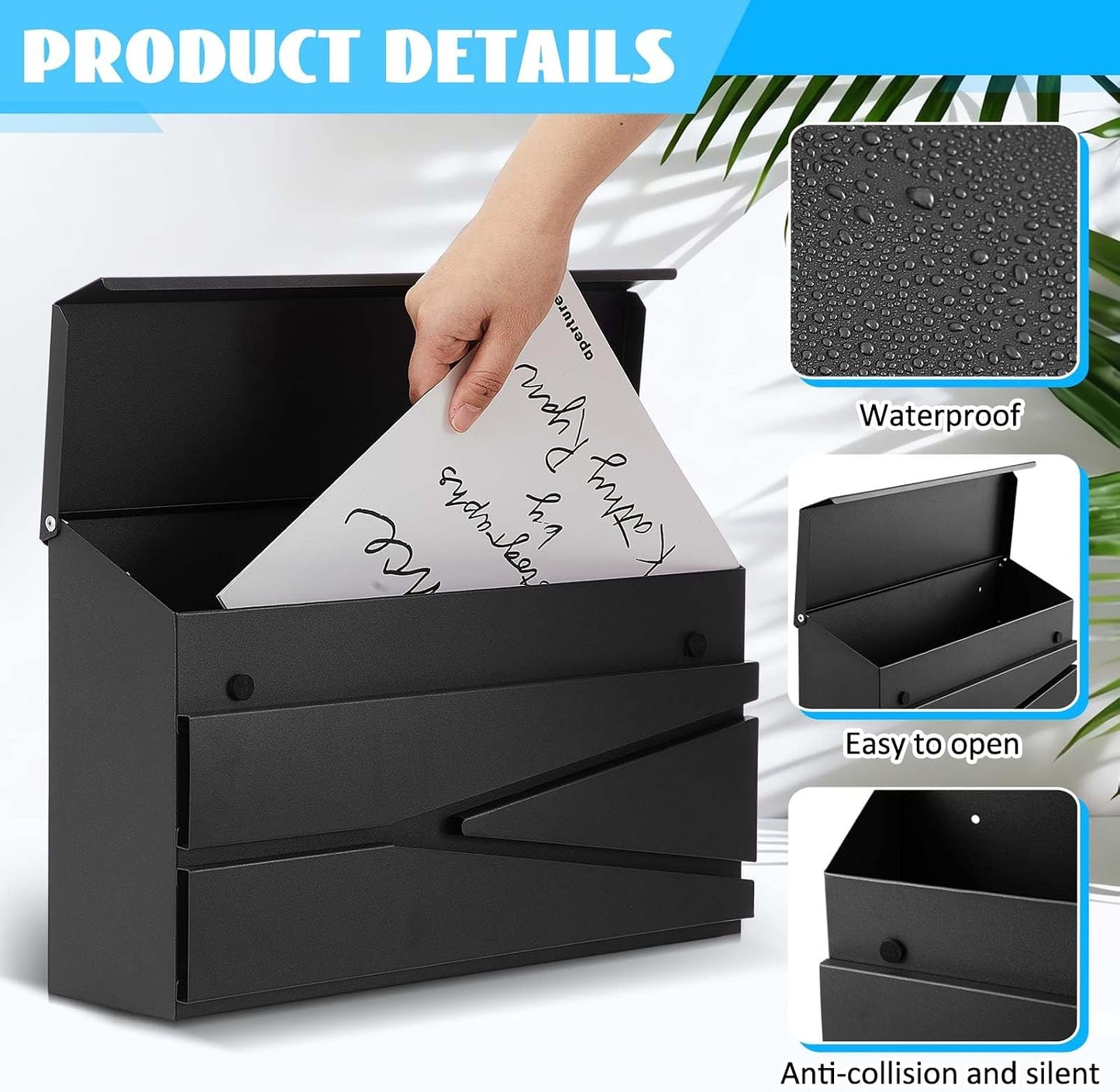 Yaocom Wall Mount Mailbox Large Capacity Mailbox for Outside Galvanized Steel Rustproof Metal Mail Drop Post Modern Black Collection Box Hanging Postbox 15.75" x 9.84" x 4.33" (No Keys Locking)