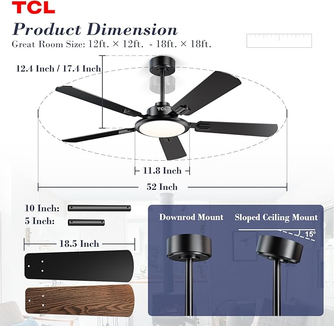 TCL Ceiling Fans with Lights, 52 Inch Ceiling Fan with Light and Remote Control - Image 4