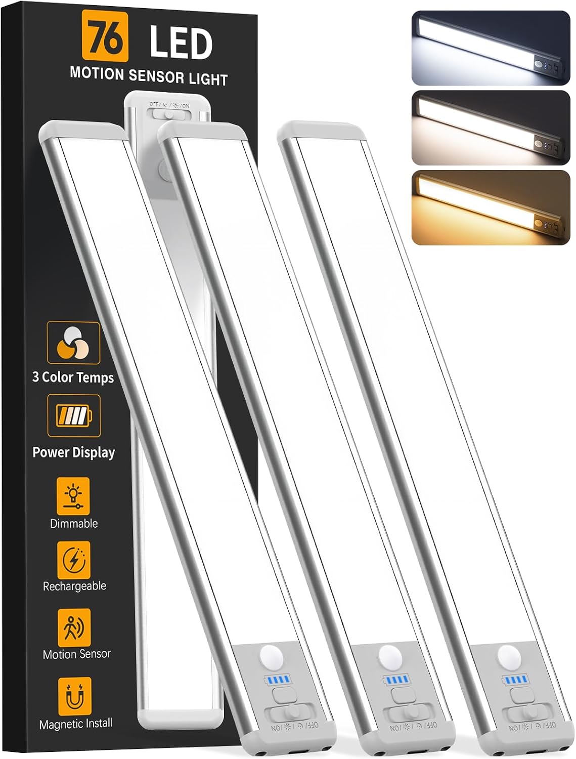 Under Cabinet Lighting Wireless, Rechargeable 10inch Motion Sensor Light Indoor, 3 Color Closet Light Battery Operated with LED Power Display, Magnetic Under Counter Lights for Kitchen, Home (3Pack)