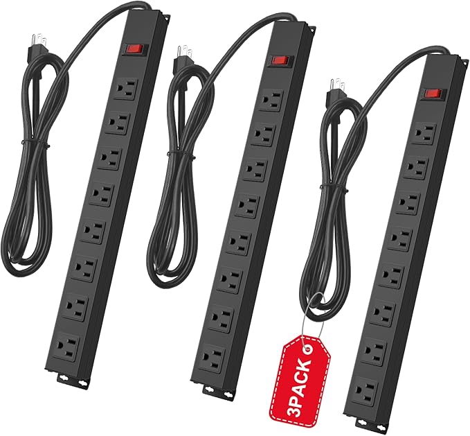 3Pack Metal 8 Outlet Mountable Power Strip, Wall Mount Outlet Heavy Duty by HHSOET