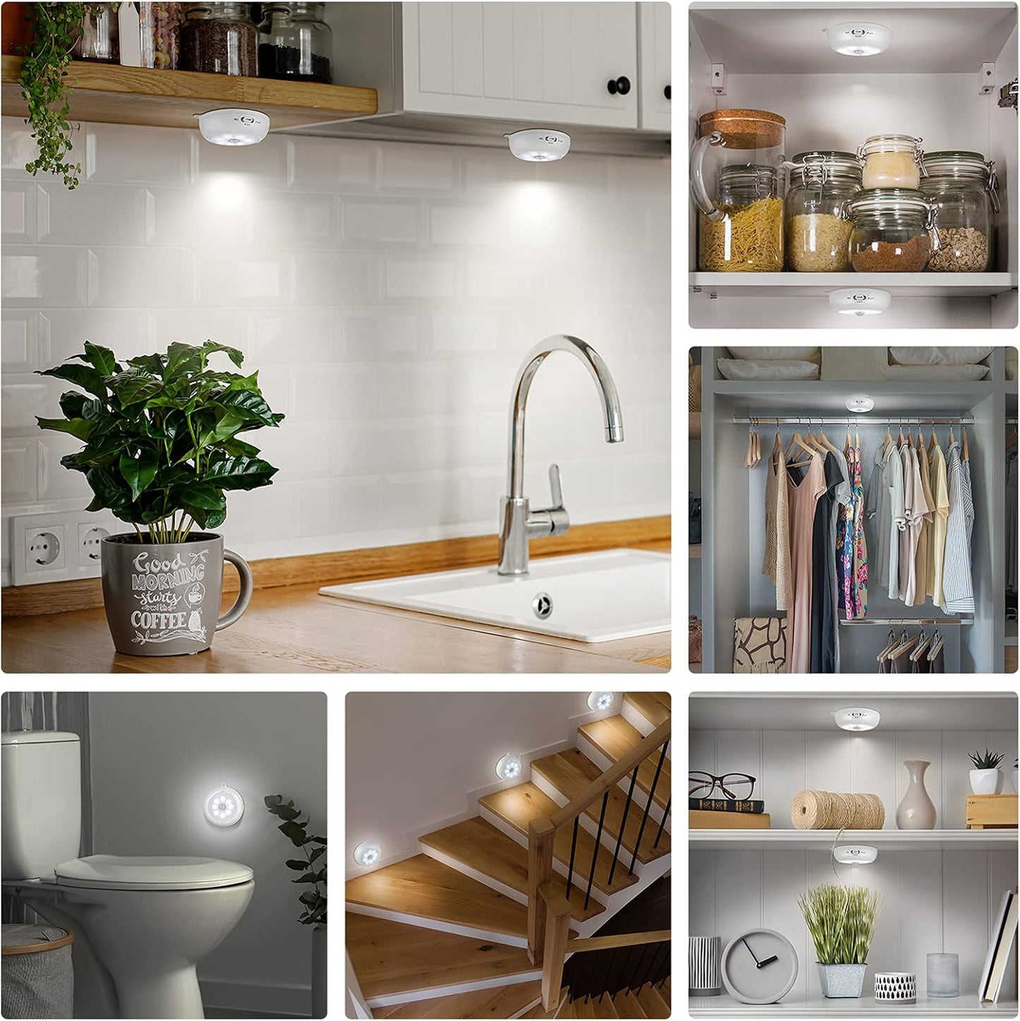 BLS Motion Sensor Light Indoor, LED Night Light Closet Lights, Under Cabinet Battery Powered Ceiling Lights, AA Battery Operated Stick on Wireless Puck Lights for Wall, Step, Stair, Dimmable (3 Pack)