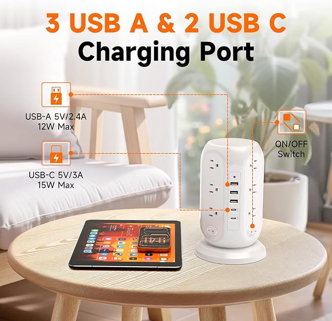 Tower Power Strip with 12 Outlets and 5 USB Ports, Flat Extension Cord 10 Ft - Image 3