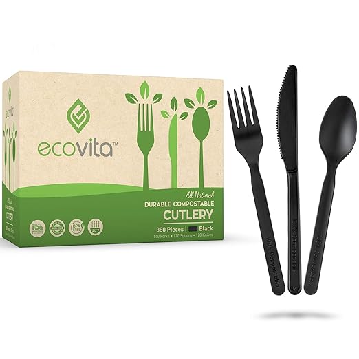 Ecovita 100% Compostable Forks Spoons Knives Cutlery Combo Set by Ecovita