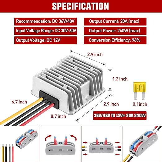 Nilight 48V 36V to 12V Voltage Converter 240W 20A Regulator Step Down to 12VDC - Image 2