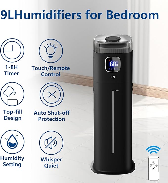KZF Large Humidifier for Bedroom, 9L/2.5Gallon Ultrasonic Cool Mist Humidifier - Image 5